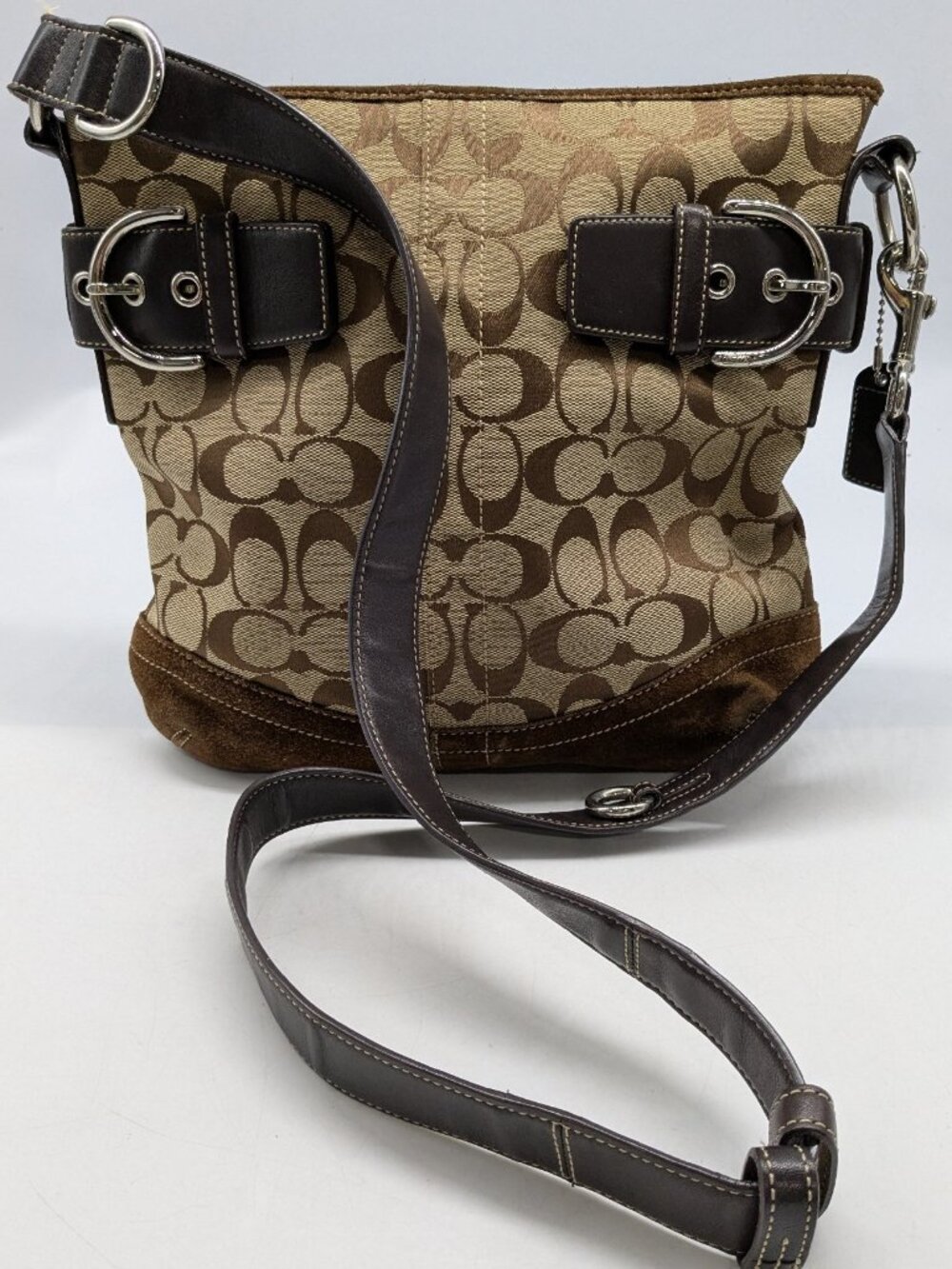 Authentic Coach Monogram Canvas Brown Leather Soho Duffle Shoulder Bag
